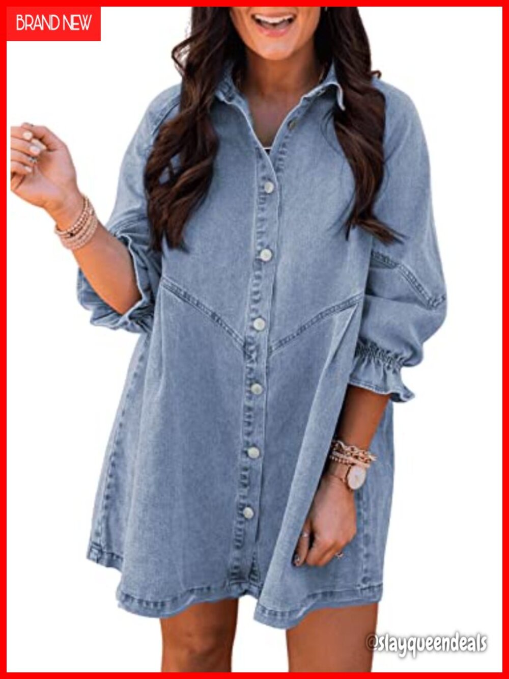 Sidefeel Smocked 3 4 Sleeve Button Down Denim Mini Dress Loose Fit